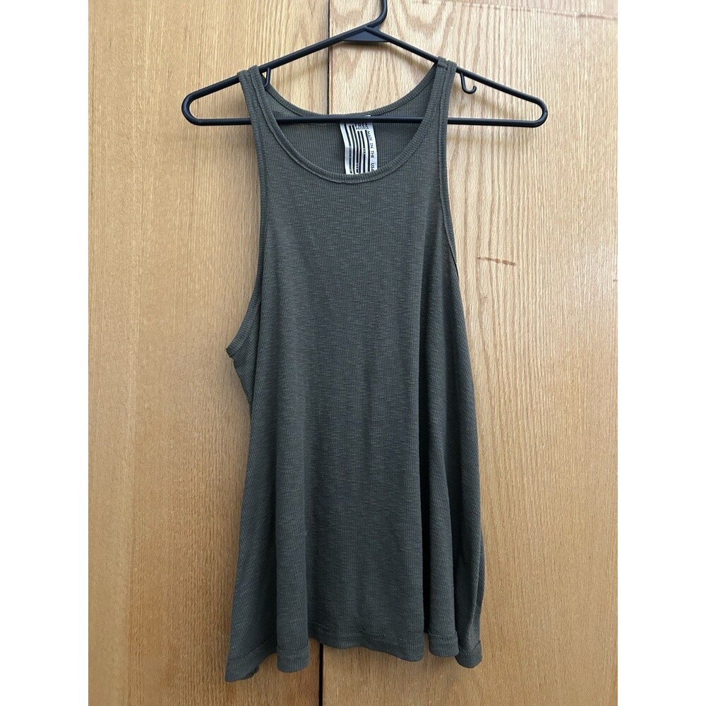 Free People Made in the USA Olive Green Ribbed Slub Knit Swing Tank Top Size M